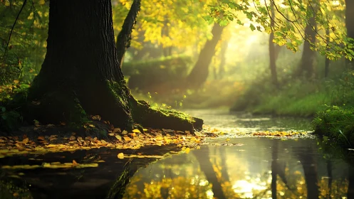 Sunlit forest creek with reflective water and autumn leaves.