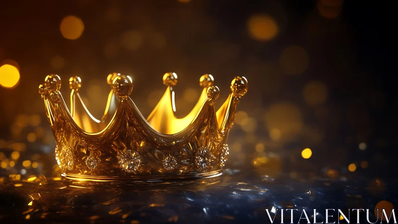 Golden jeweled crown rests on reflective surface in bokeh glow