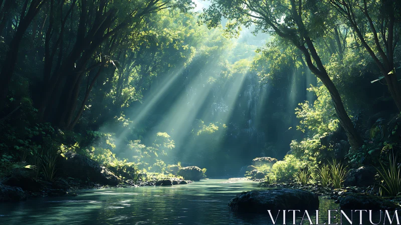 Sunlit Forest Stream with Cathedral-like Canopy