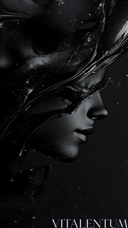 Liquid obsidian profile merges human form with fluid shadows.