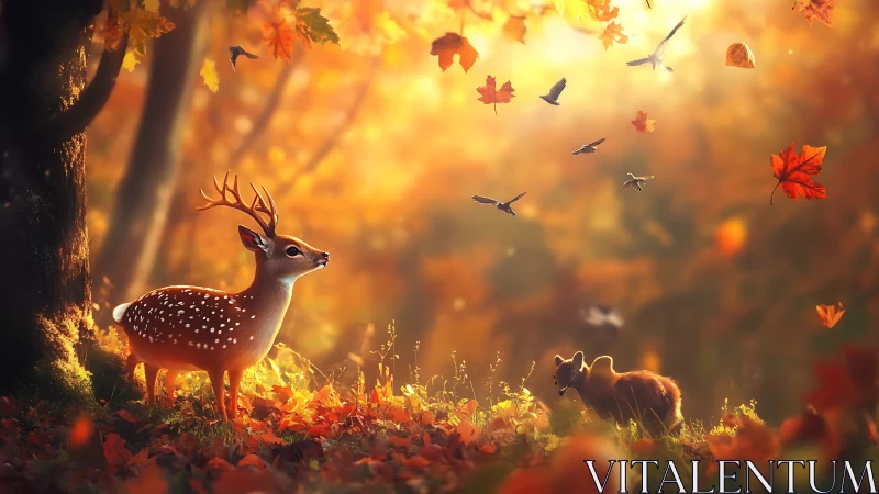 Deer and fox in glowing autumn forest clearing at dusk.