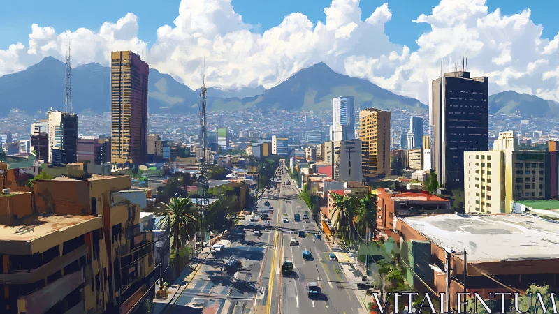 Sunlit Latin American boulevard stretches toward hazy mountains