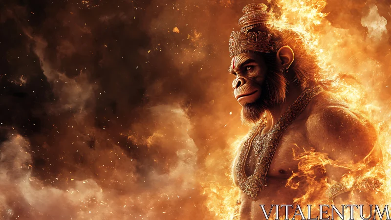 Fiery monkey warrior stands strong in swirling golden flames.