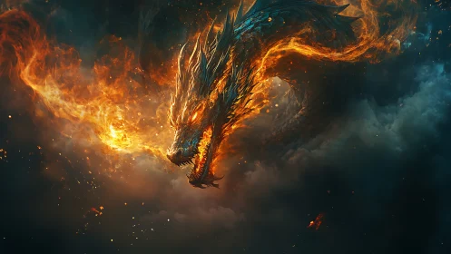 Storm-wreathed fire dragon carving embers from the dark sky.