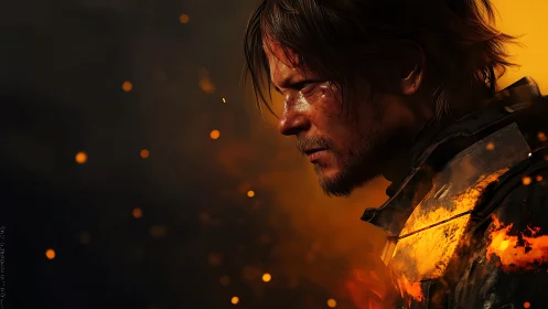 Battle worn hero pauses in glowing storm of flying embers