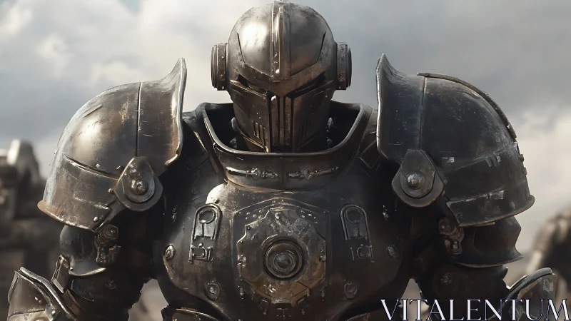 Heavily armored mech knight advances under diffuse battle sky