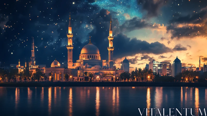 Riverside mosque skyline under starry twilight sky.