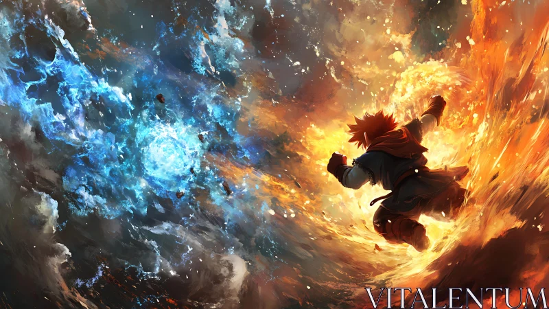 Elemental warrior hurls blazing firestorm toward icy vortex.