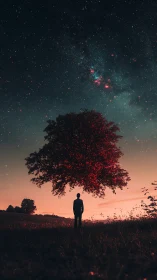 Silhouette under levitating red tree and starry sky at dusk.