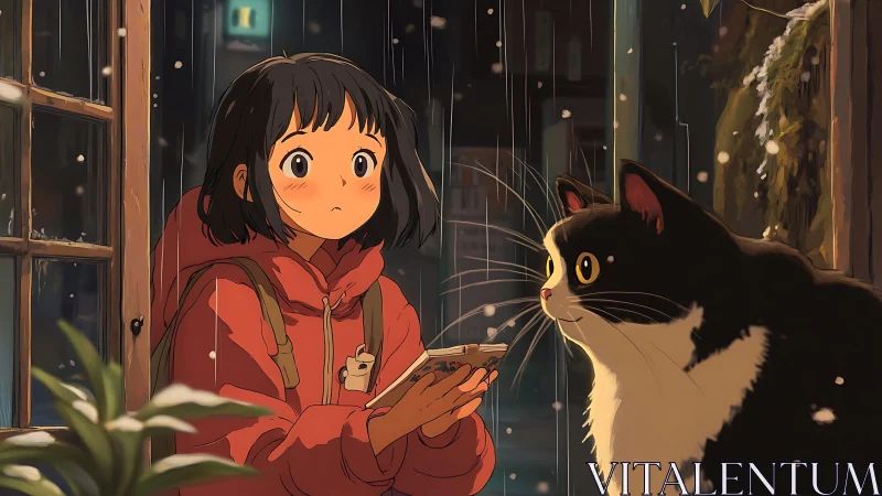 Anime night scene with girl and cat in softly lit snowfall.