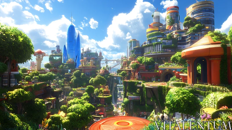 Vibrant eco-futuristic cityscape with lush vertical gardens.