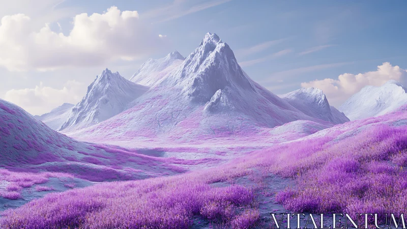 Snowcapped mountain range above violet grassland plain.