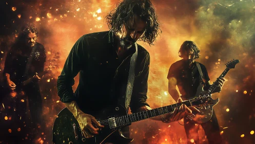 Photorealistic rock guitarist triptych in infernal stage lighting.