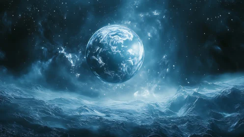 Icy alien seascape under luminous blue planet in space.