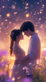 Couple in romantic embrace surrounded by bokeh lights
