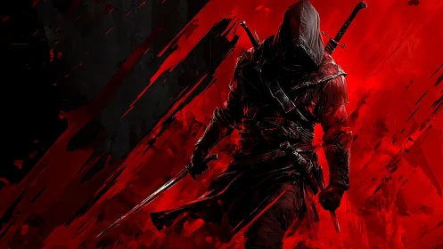 Hooded assassin with twin blades on intense red backdrop.