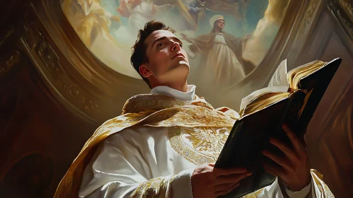 Young priest holding open book beneath church ceiling.