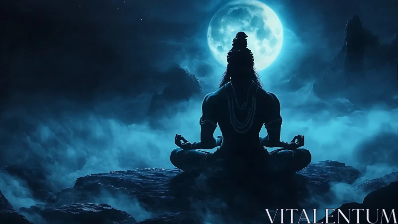 Moon-drenched yogi silhouette breathing stillness into night.