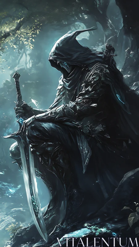 Hooded armored warrior rests with sword in misty forest