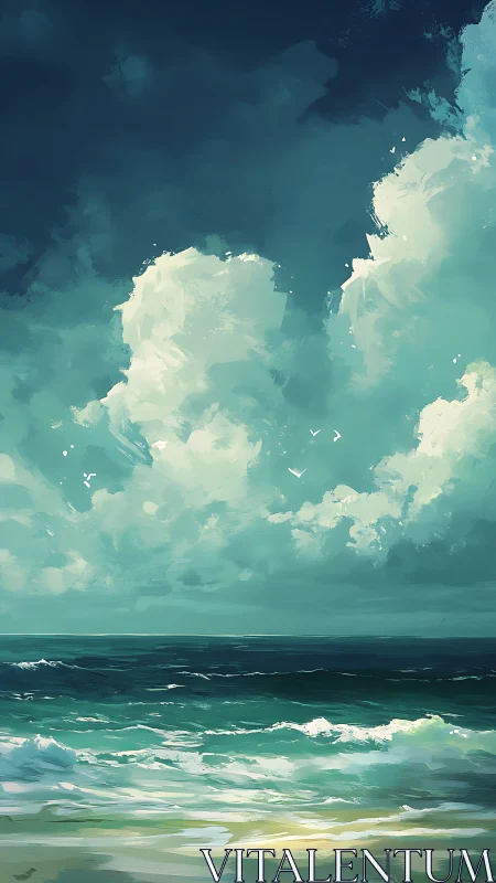 Storm-lit turquoise seascape under towering cumulus clouds.