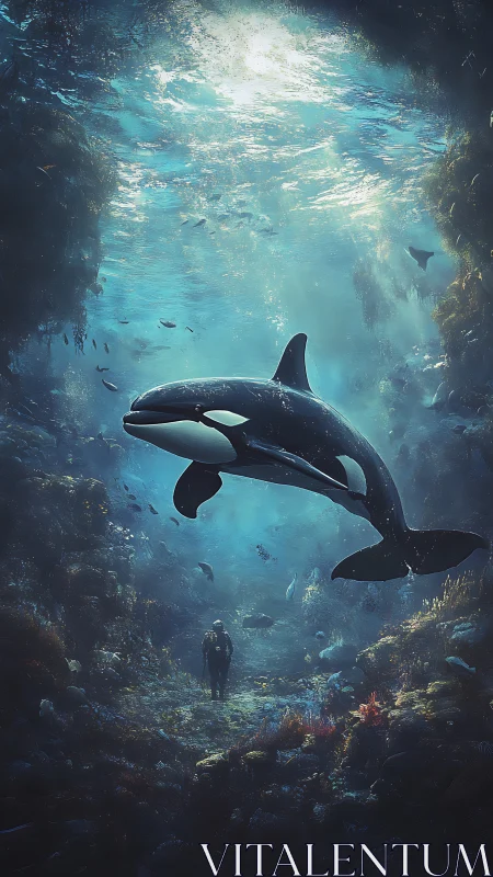 Astral orca drifts above a wandering seabed dreamer.