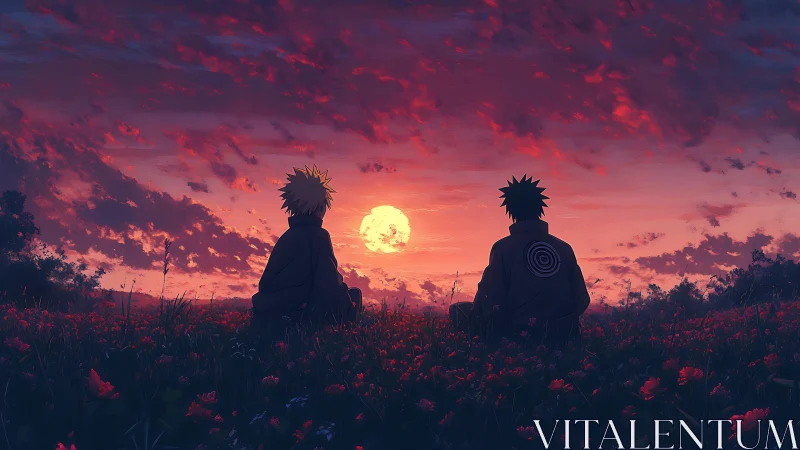 Sunset silhouettes in anime meadow under crimson sky.