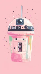 Pink robot illustration with pastel splashes on solid background.