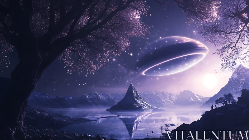 Starlit alien lake welcomes a glowing ship at quiet twilight