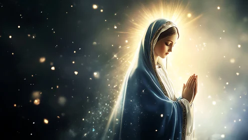 Digital painting of luminous praying Madonna in profile.