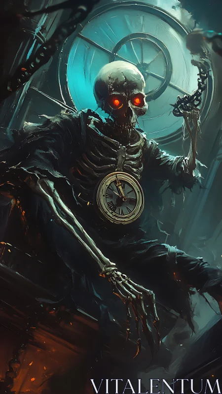 Skeletal timekeeper with glowing eyes in teal backlight.