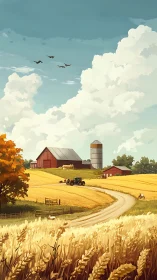 Sunlit wheat hills cradle a red barn beneath towering clouds.