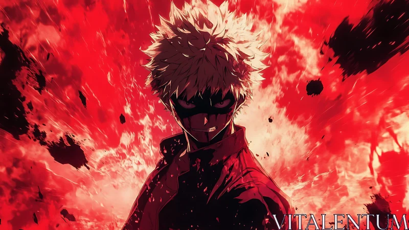 Explosive anime antihero framed by dynamic crimson blast field