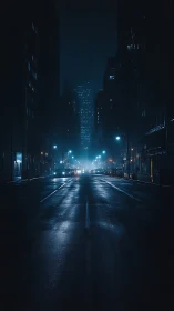 Midnight city avenue glows with misty blue neon silence