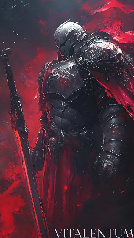 Digital painting of infernal armored knight with greatsword poised.