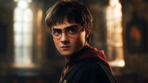 Digital portrait shows bespectacled youth in robe indoors