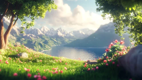 3D alpine lakeside meadow with luminous depth of field rendering.