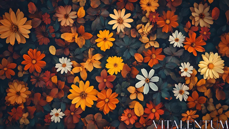 Botanical flat lay of assorted daisy species arranged on dark background.