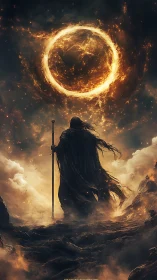 Fire ring over cloaked mage amid storm clouds and ash.