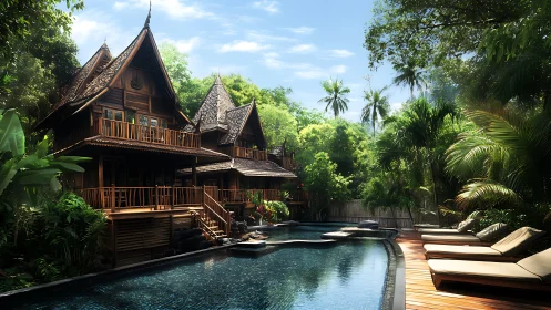 Tropical wooden villas surround a serene jungle pool retreat.