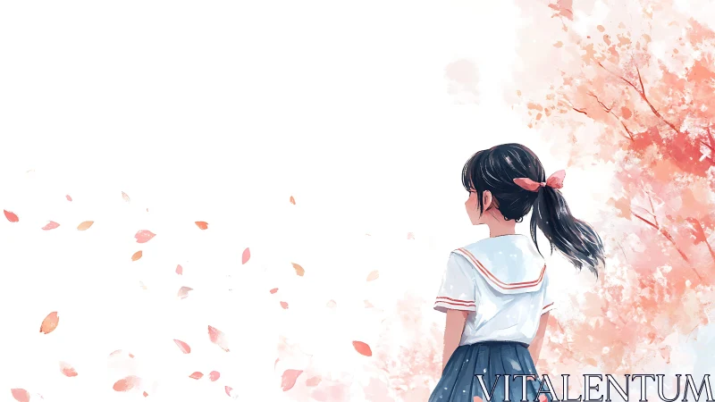 Girl in sailor uniform stands under pink foliage and sky