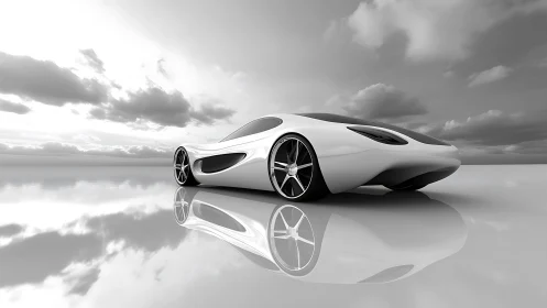 Futuristic white concept car glides across a mirrored horizon