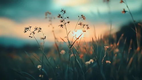 Wildflower silhouettes glow softly in dreamy sunset light.