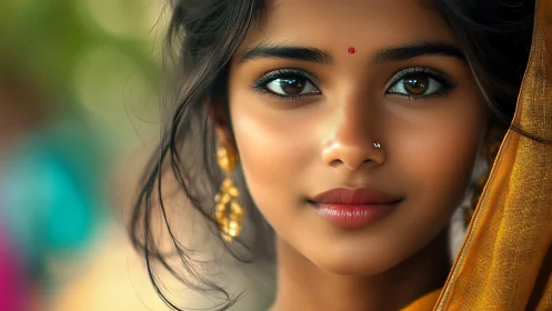 Portrait of a young woman in golden traditional attire.