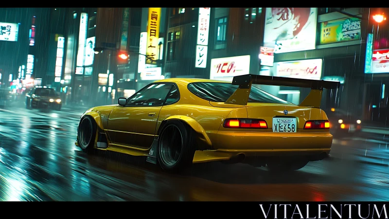 Golden street racer gliding through neon city rain.