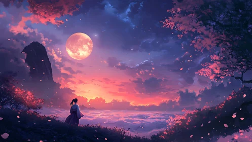 Moonlit sakura horizon over clouds in vivid dusk palette.