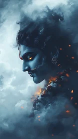 Mythic blue deity profile amid storm clouds and embers glow