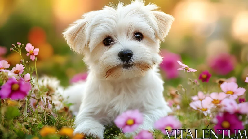White puppy rests in colorful flower meadow at sunset.