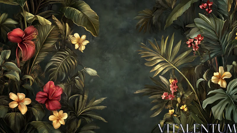 Tropical Flowers Against Moody Dark Green Background