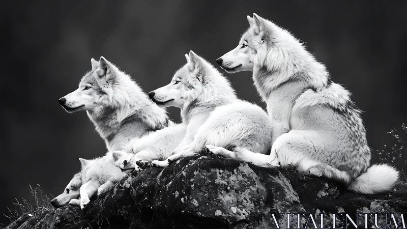 Wolves lie on rocky outcrop facing same direction in profile