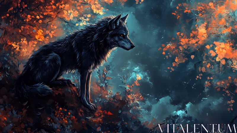 Midnight wolf lingers where ember leaves ignite the dusk